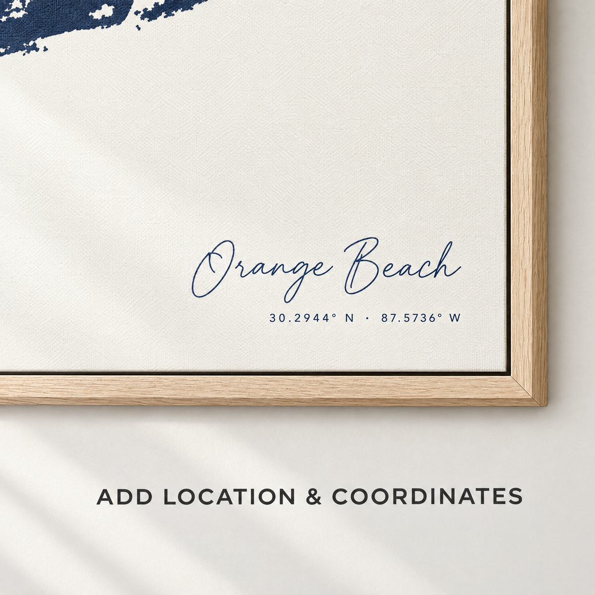Orange Beach vertical canvas map in Navy, location and coordinates detail