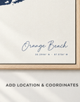 Orange Beach vertical canvas map in Navy, location and coordinates detail