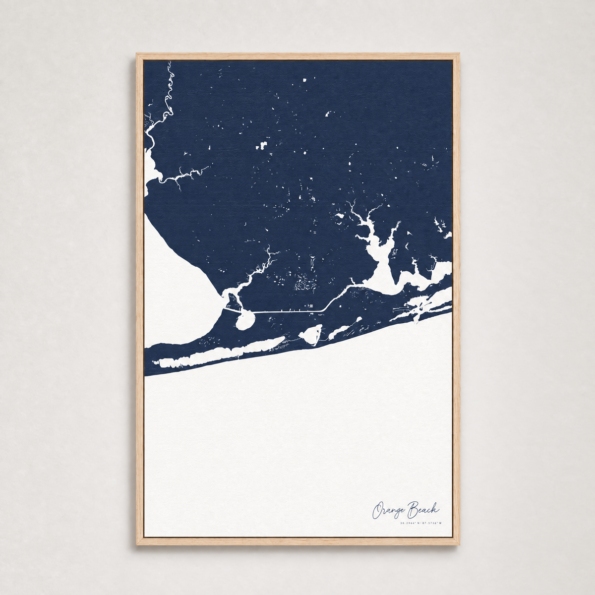 Orange Beach vertical canvas map, Navy, Light Wood