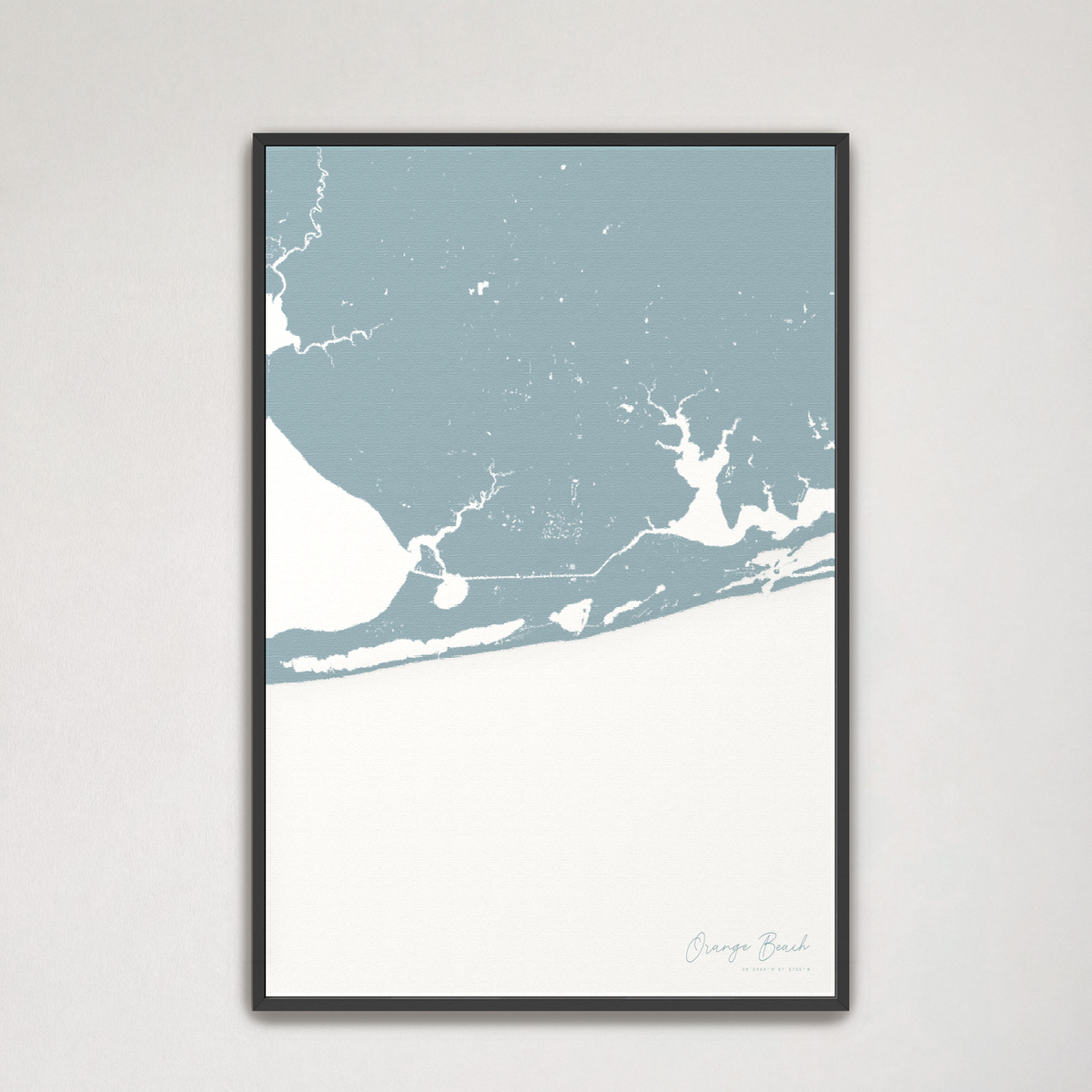 Orange Beach vertical canvas map, Soft Blue, Black Frame