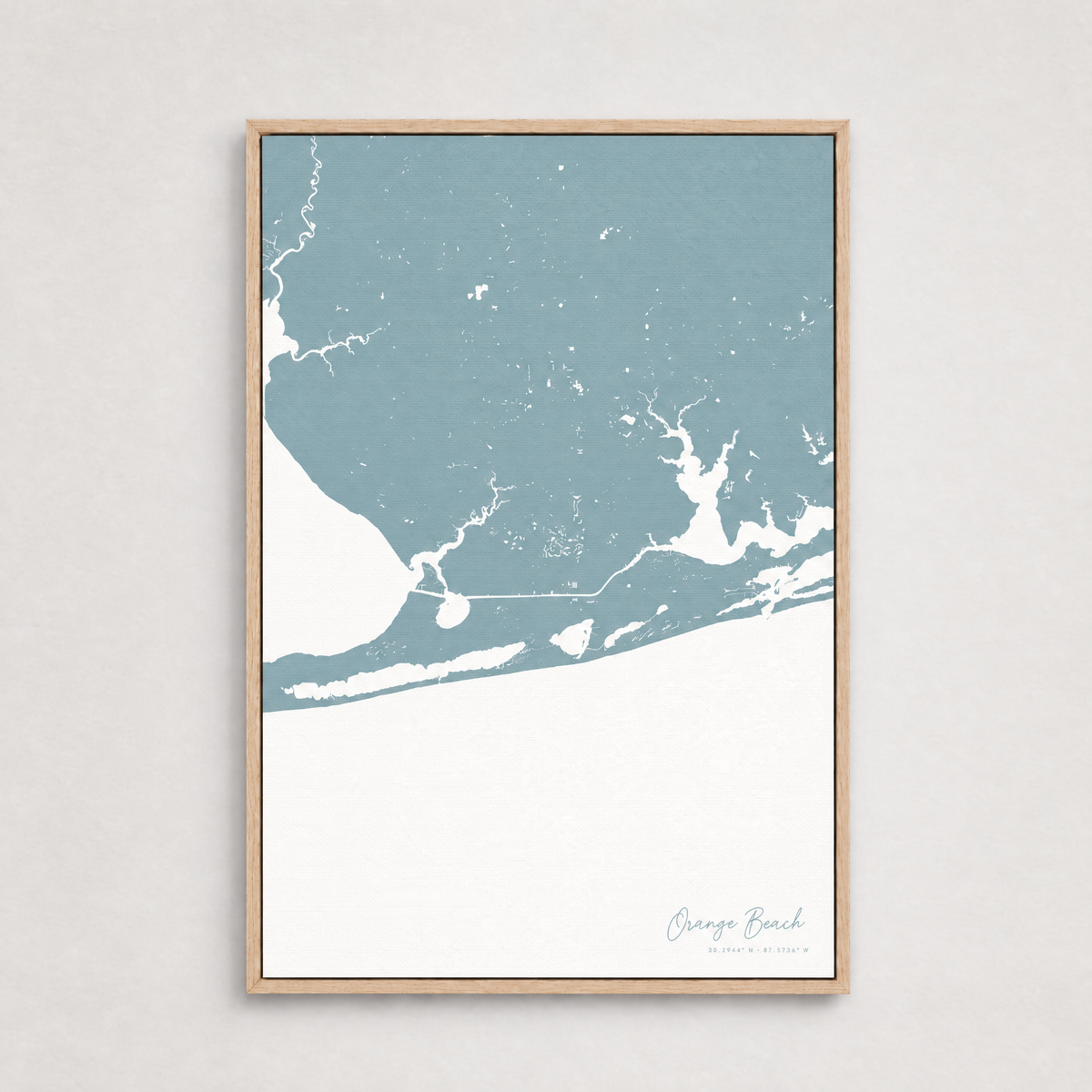 Orange Beach vertical canvas map, Soft Blue, Light Wood