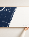 Pawleys Island horizontal canvas map in Navy, hands holding an oak-framed canvas
