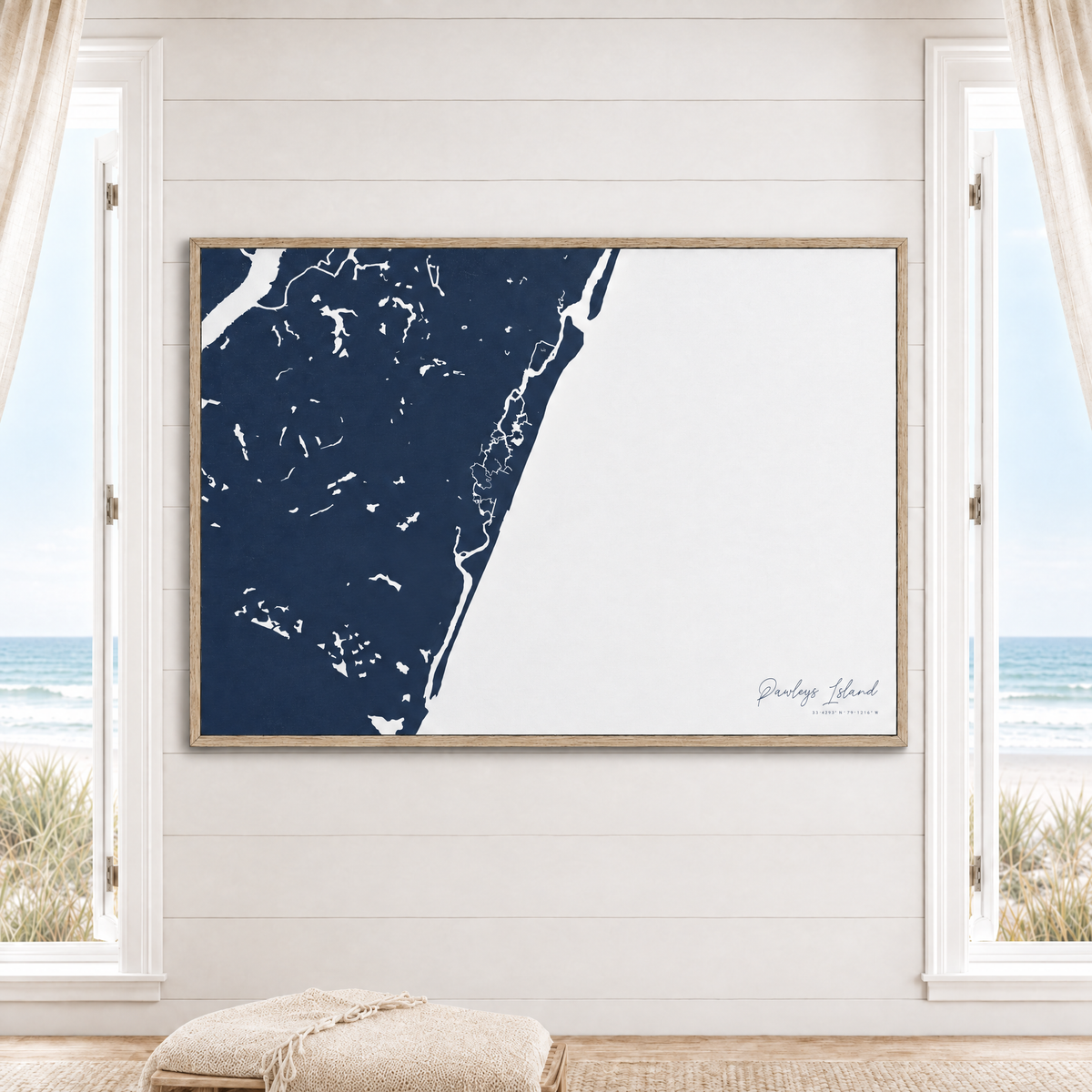 Pawleys Island horizontal canvas map in Navy, window interior