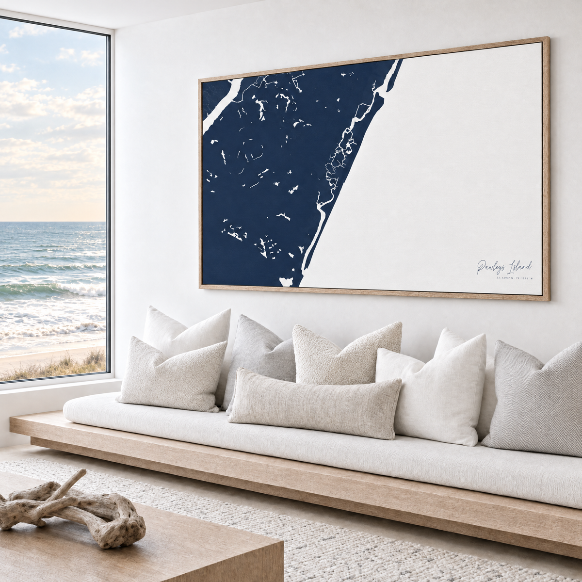 Pawleys Island horizontal canvas map in Navy, bench beside a water view