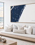 Pawleys Island horizontal canvas map in Navy, bench beside a water view
