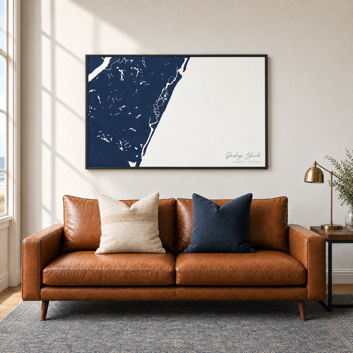 Pawleys Island horizontal canvas map in Navy, black-framed canvas above a sofa