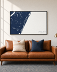 Pawleys Island horizontal canvas map in Navy, black-framed canvas above a sofa
