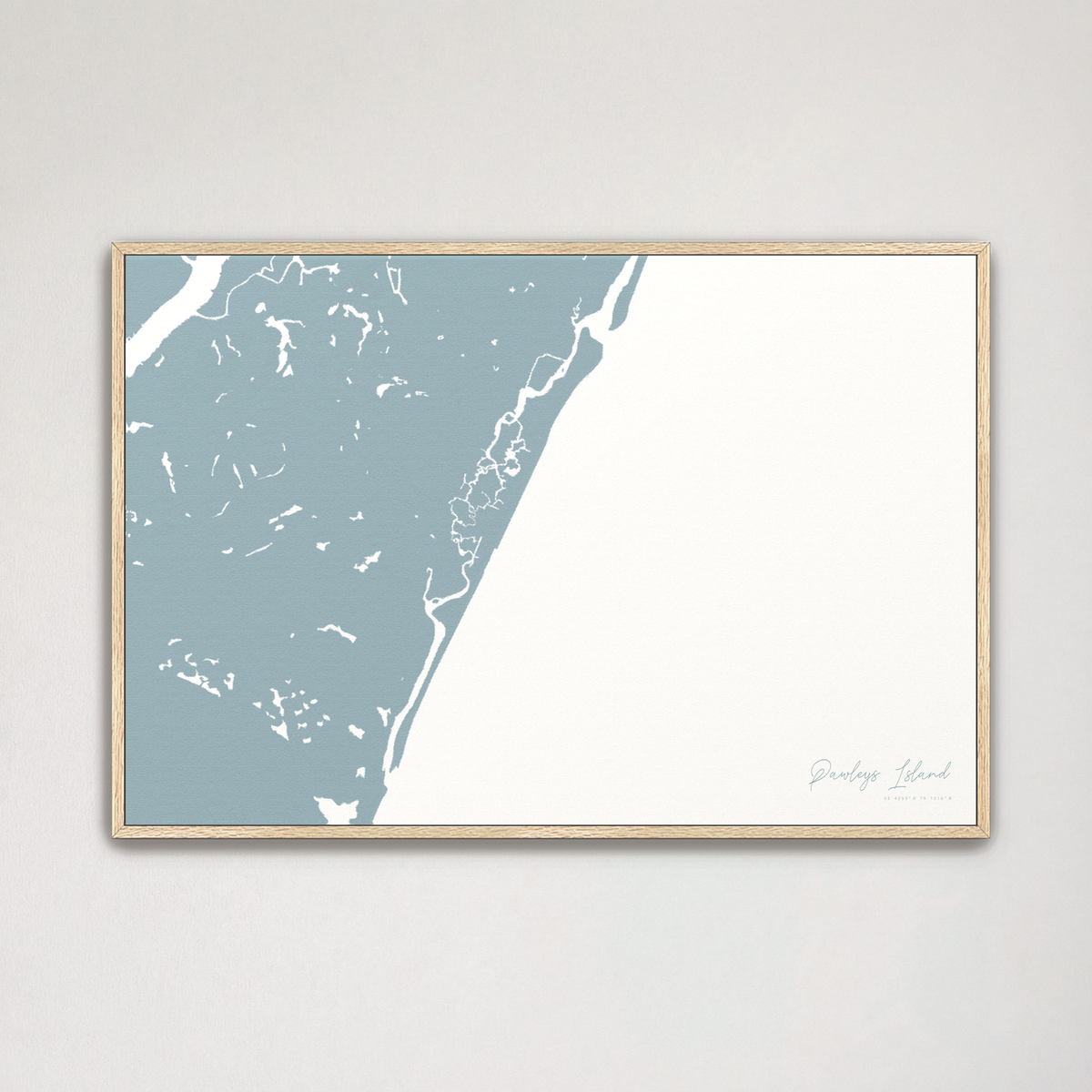Pawleys Island horizontal canvas map, Soft Blue, Natural Oak