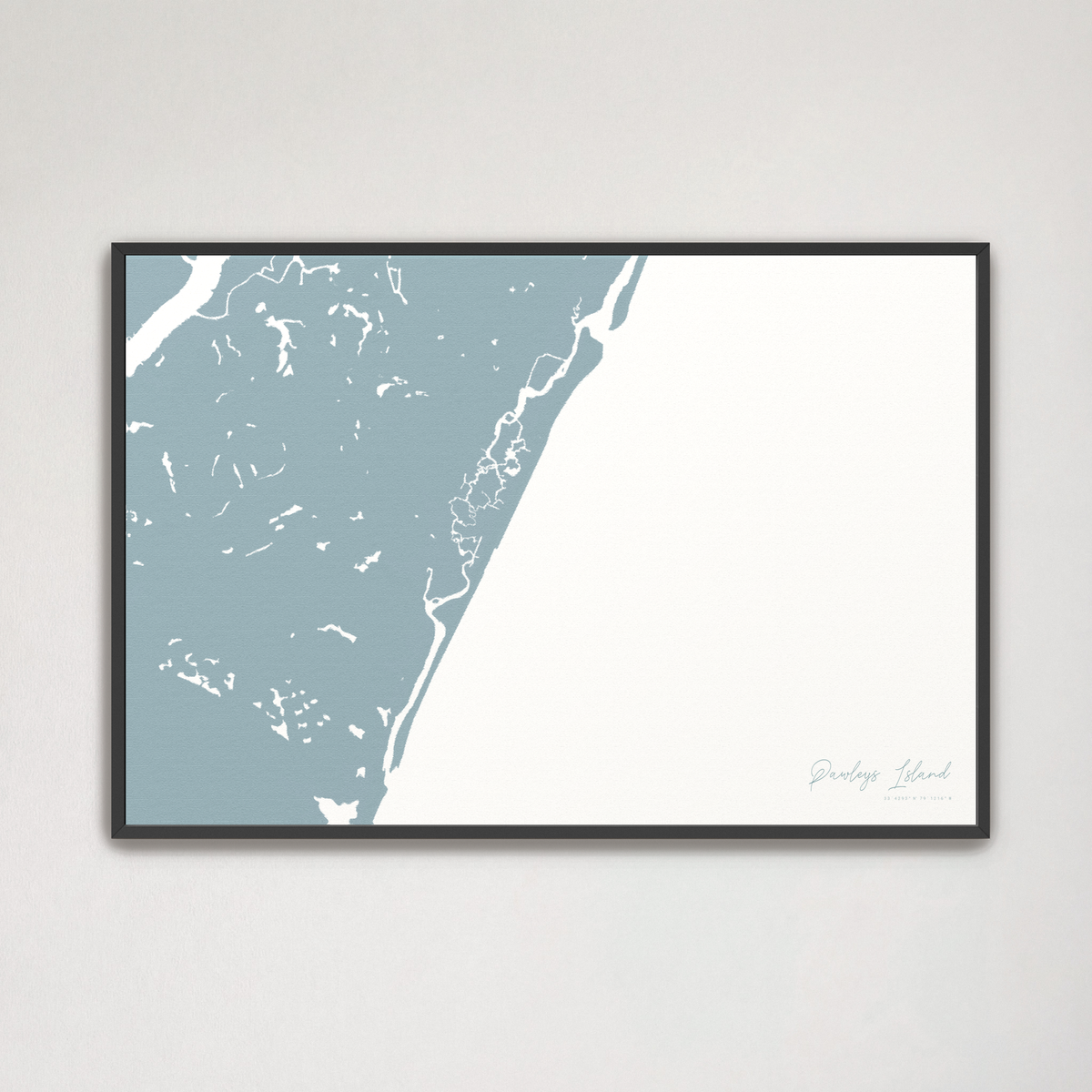 Pawleys Island horizontal canvas map, Soft Blue, Black Frame
