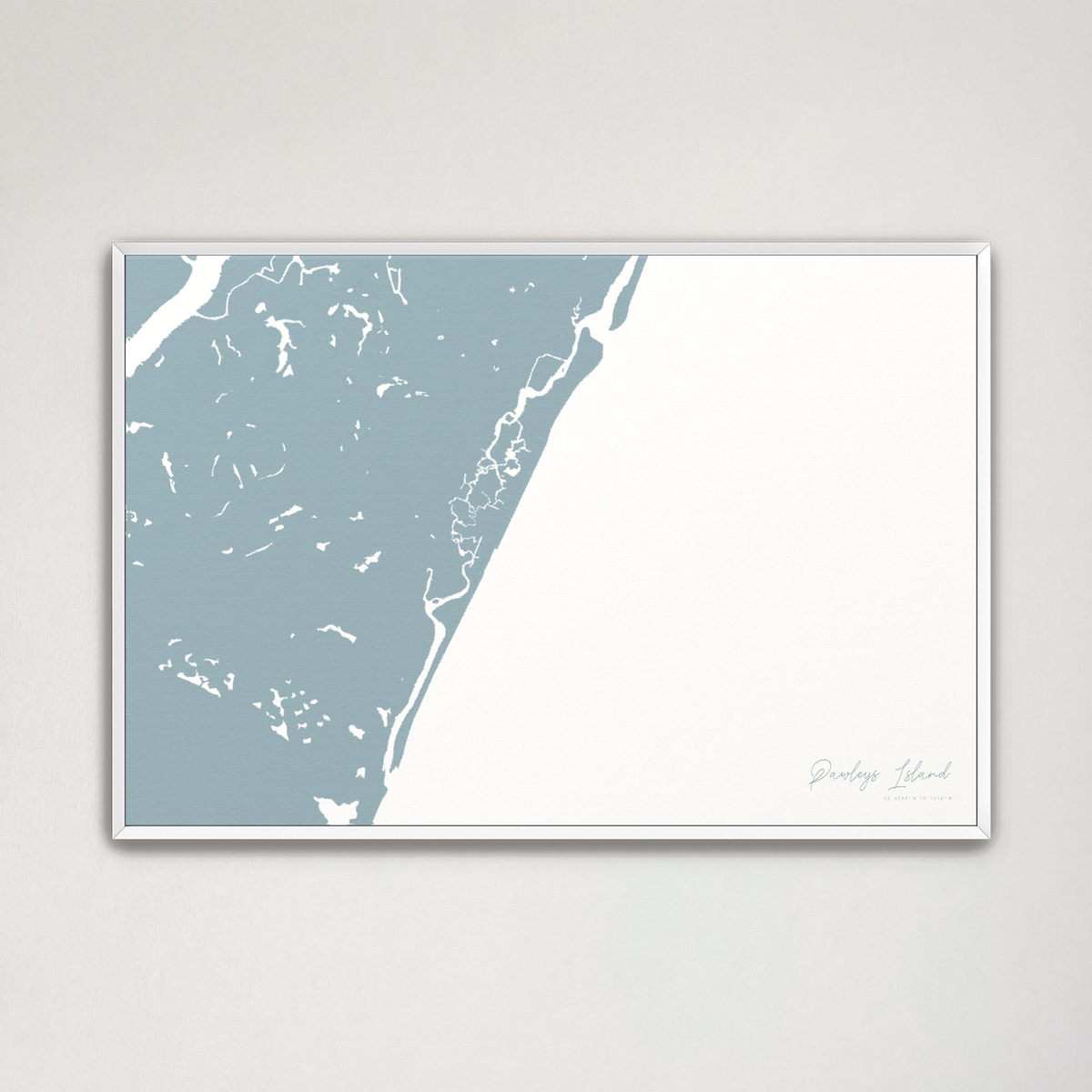Pawleys Island horizontal canvas map, Soft Blue, White Frame
