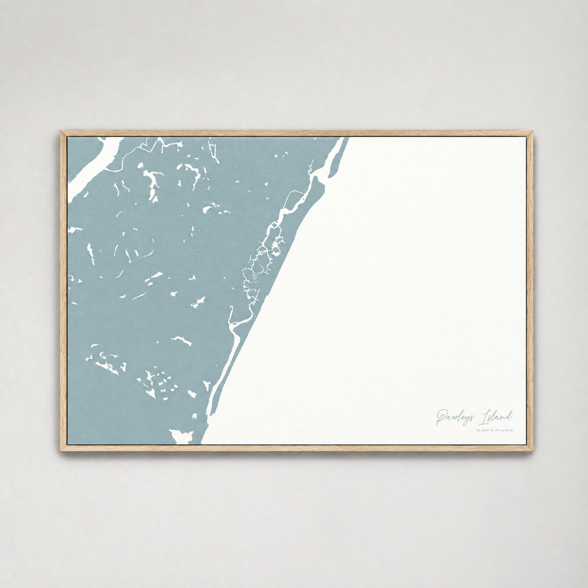 Pawleys Island horizontal canvas map, Soft Blue, Light Wood