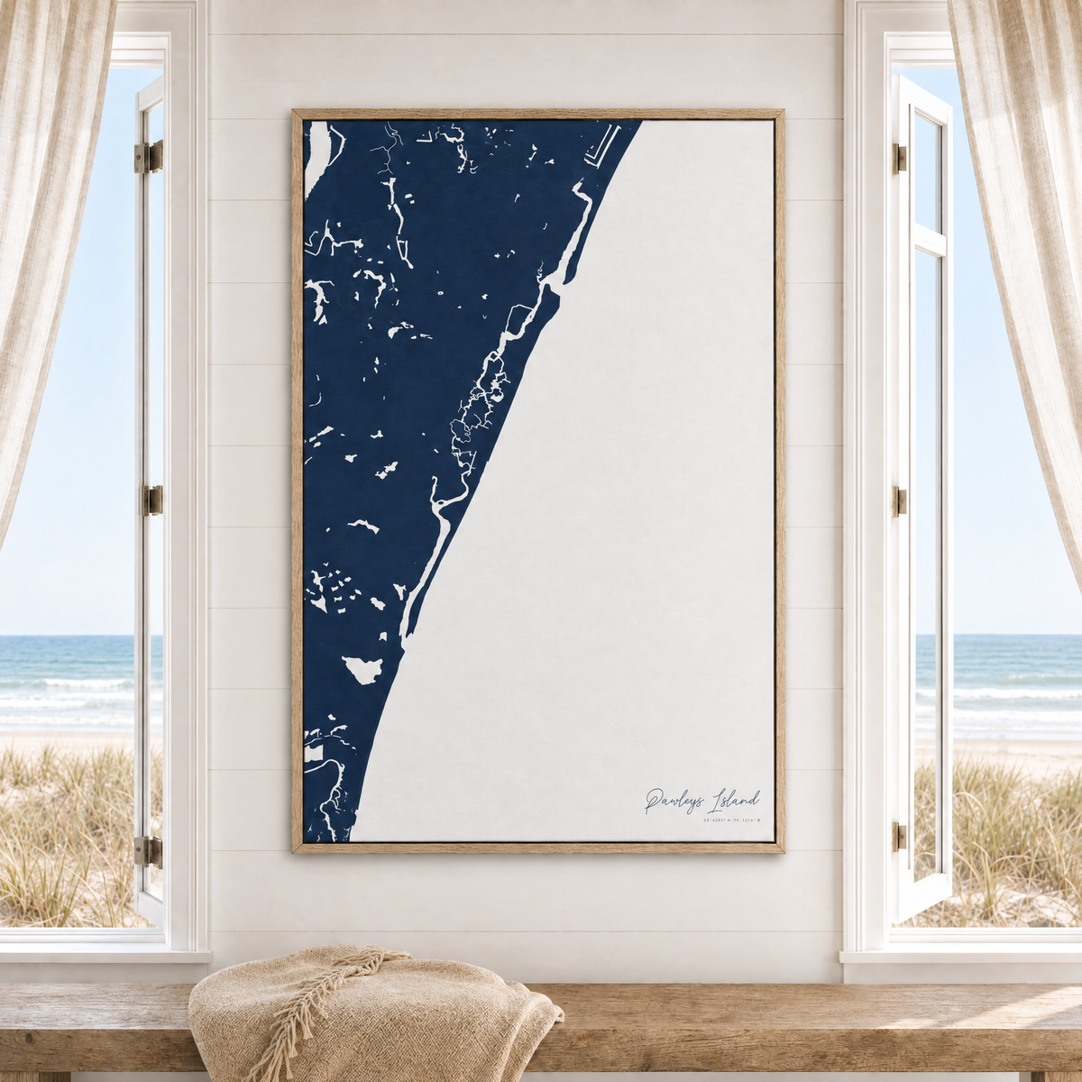 Pawleys Island vertical canvas map in Navy, window interior