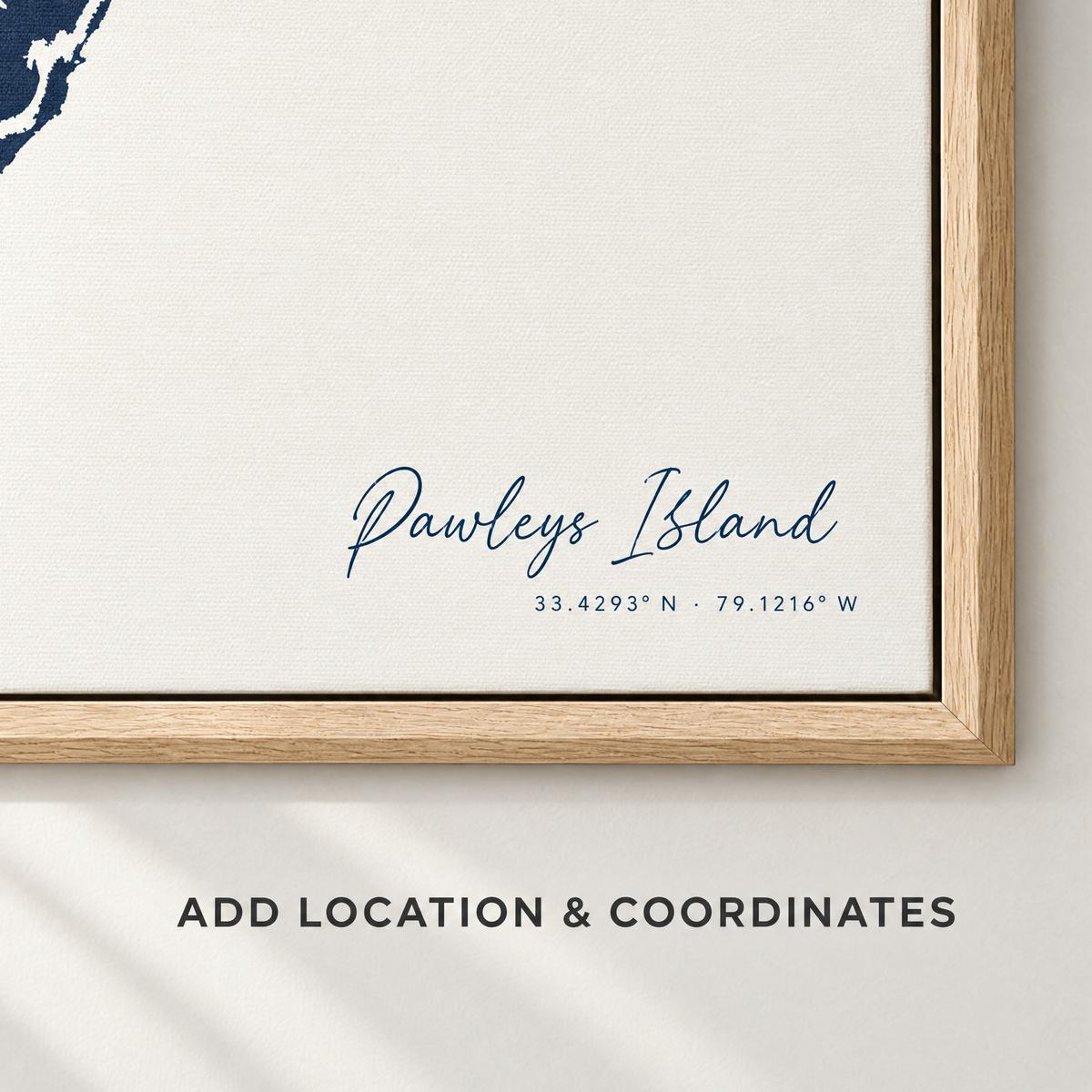 Pawleys Island vertical canvas map in Navy, location and coordinates detail