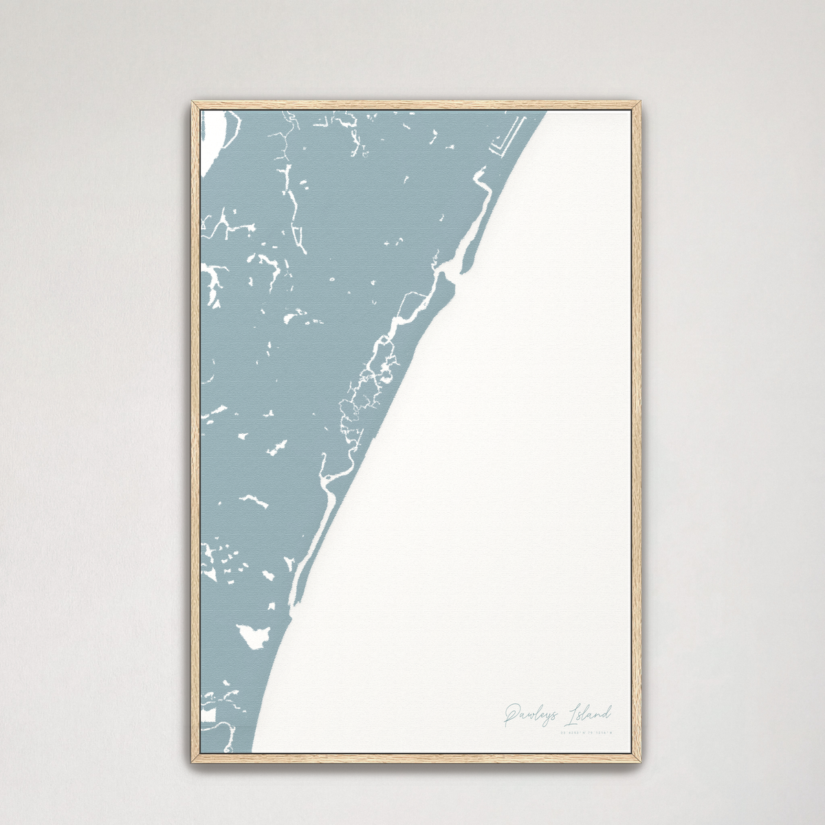Pawleys Island vertical canvas map, Soft Blue, Natural Oak