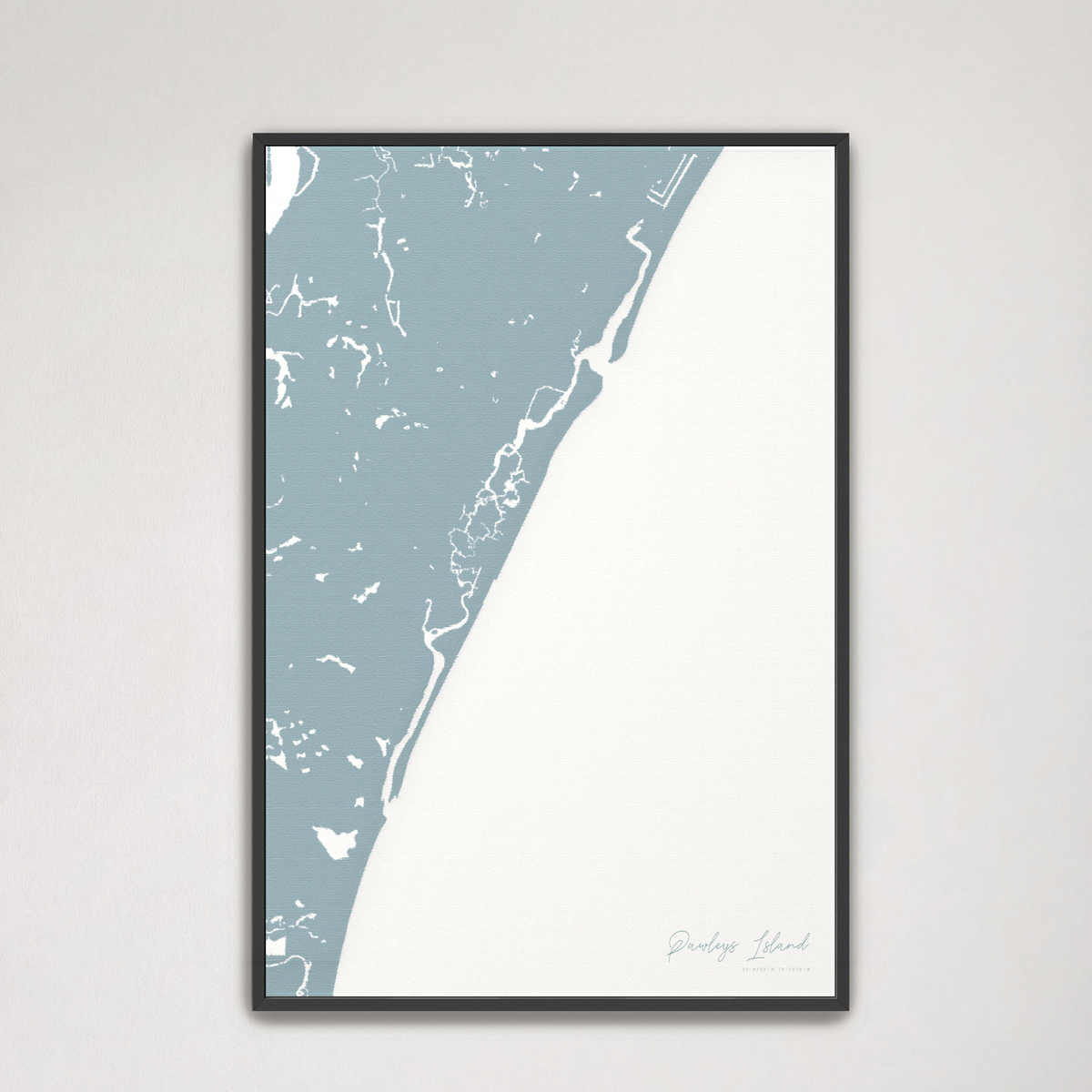 Pawleys Island vertical canvas map, Soft Blue, Black Frame