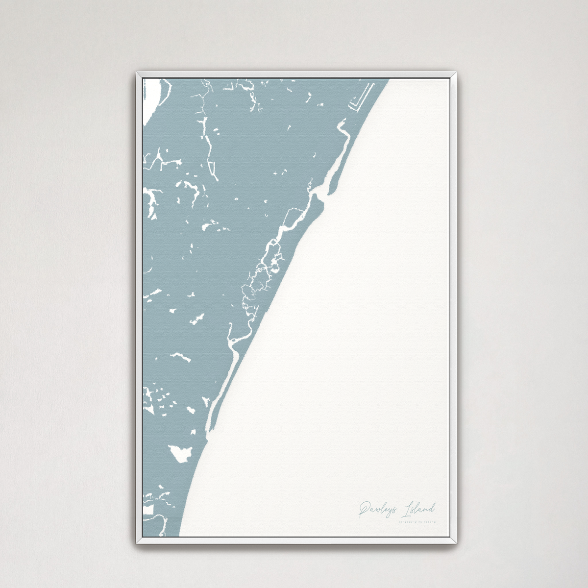 Pawleys Island vertical canvas map, Soft Blue, White Frame