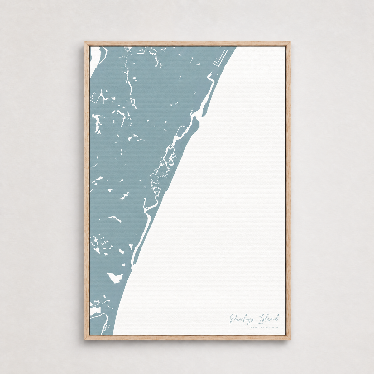 Pawleys Island vertical canvas map, Soft Blue, Light Wood