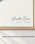 Puerto Rico horizontal canvas map in Navy, location and coordinates detail