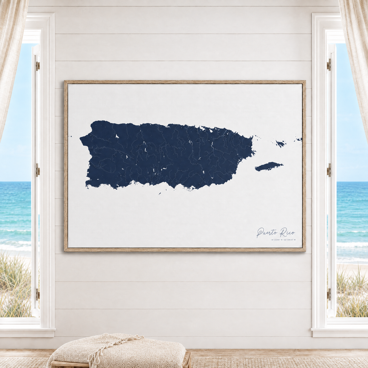 Puerto Rico horizontal canvas map in Navy, window interior