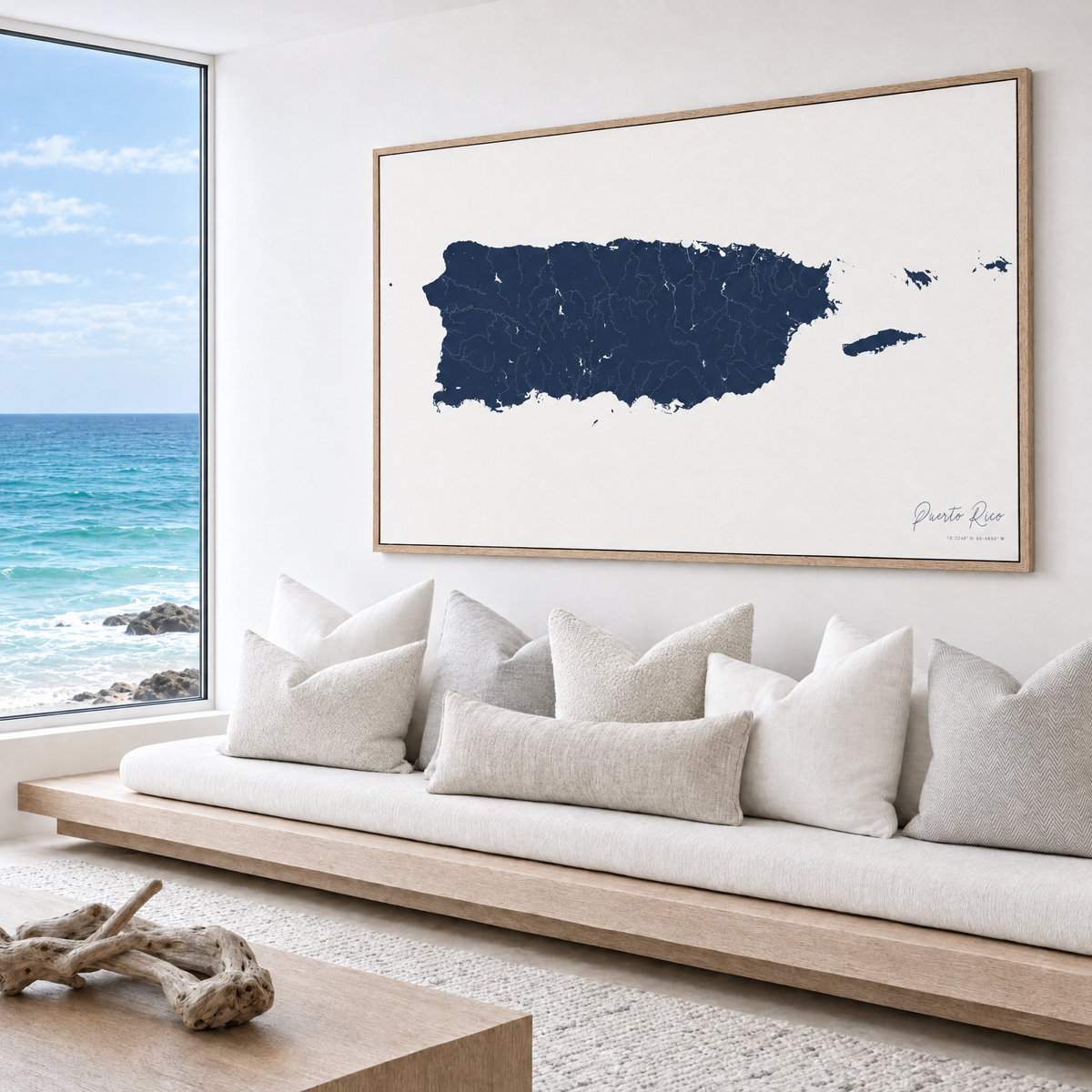 Puerto Rico horizontal canvas map in Navy, bench beside a water view