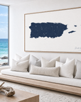 Puerto Rico horizontal canvas map in Navy, bench beside a water view