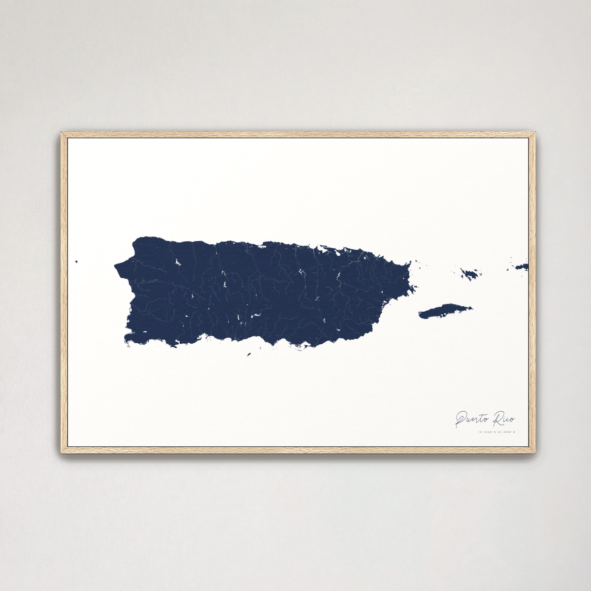 Puerto Rico horizontal canvas map, Navy, Natural Oak