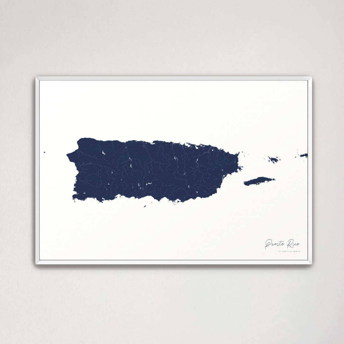 Puerto Rico horizontal canvas map, Navy, White Frame