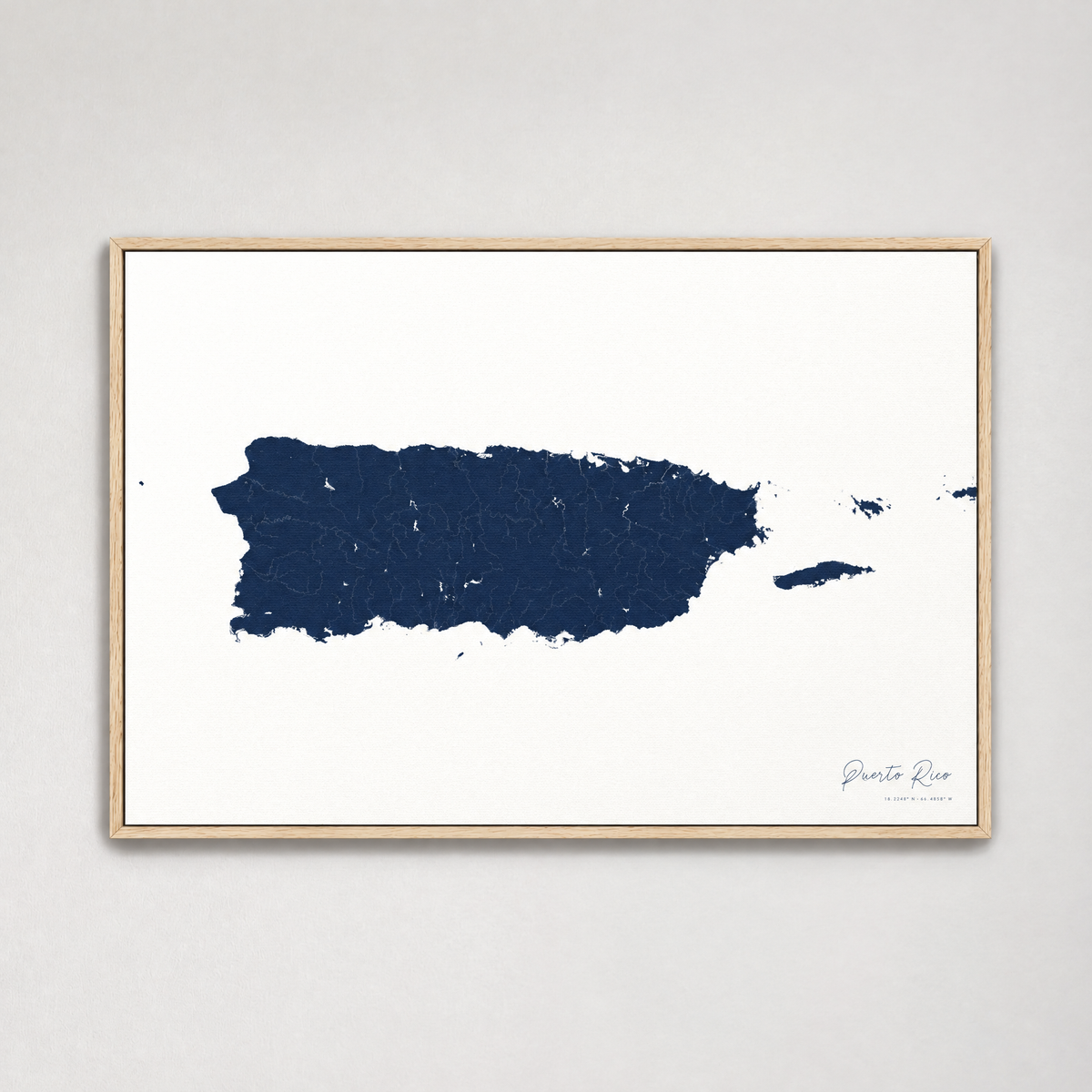 Puerto Rico horizontal canvas map, Navy, Light Wood