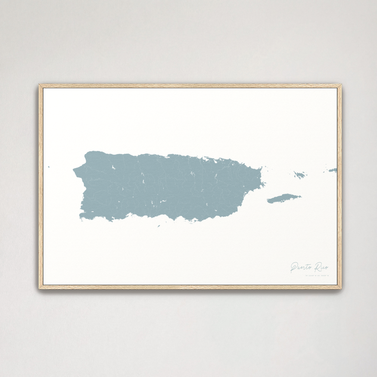 Puerto Rico horizontal canvas map, Soft Blue, Natural Oak