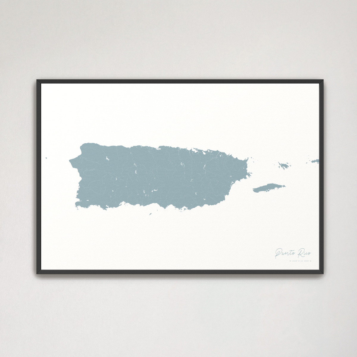 Puerto Rico horizontal canvas map, Soft Blue, Black Frame