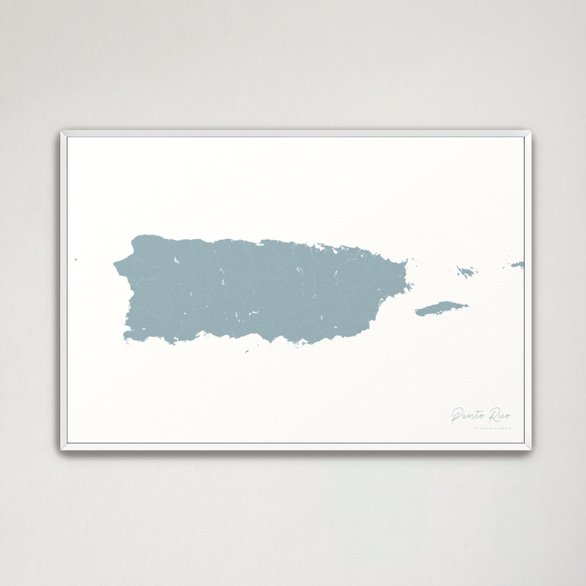 Puerto Rico horizontal canvas map, Soft Blue, White Frame