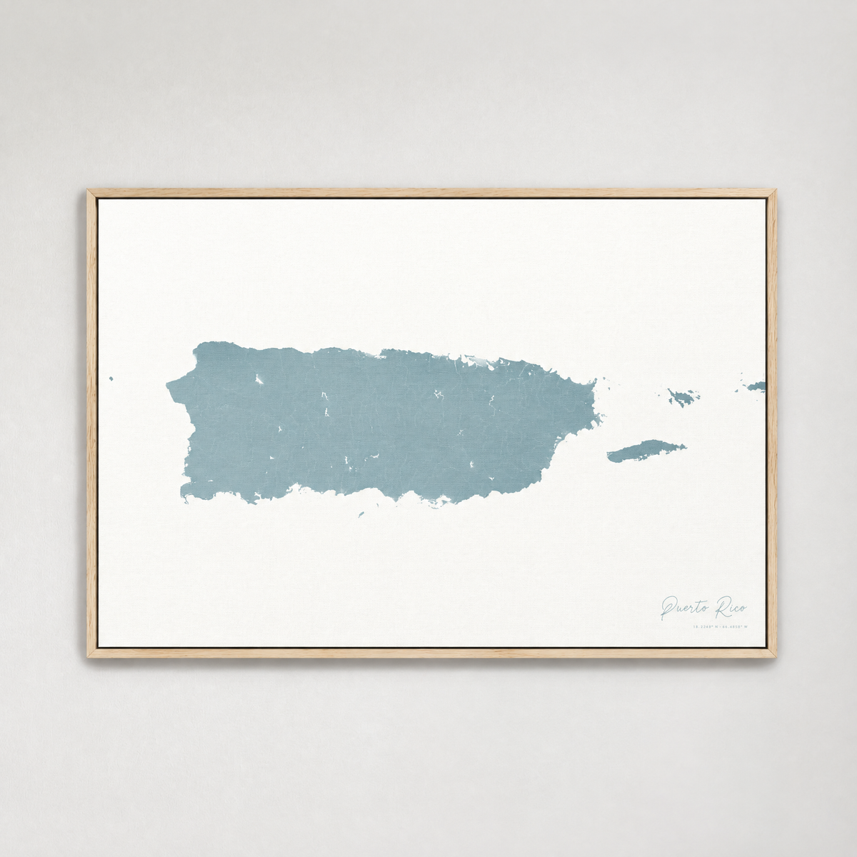 Puerto Rico horizontal canvas map, Soft Blue, Light Wood