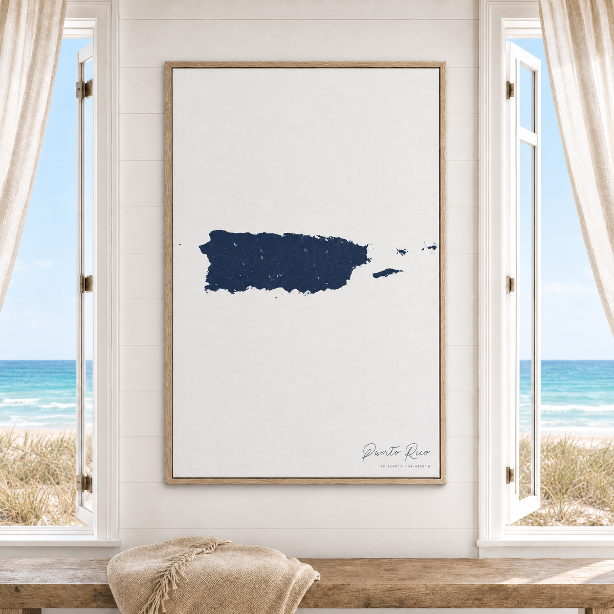 Puerto Rico vertical canvas map in Navy, window interior