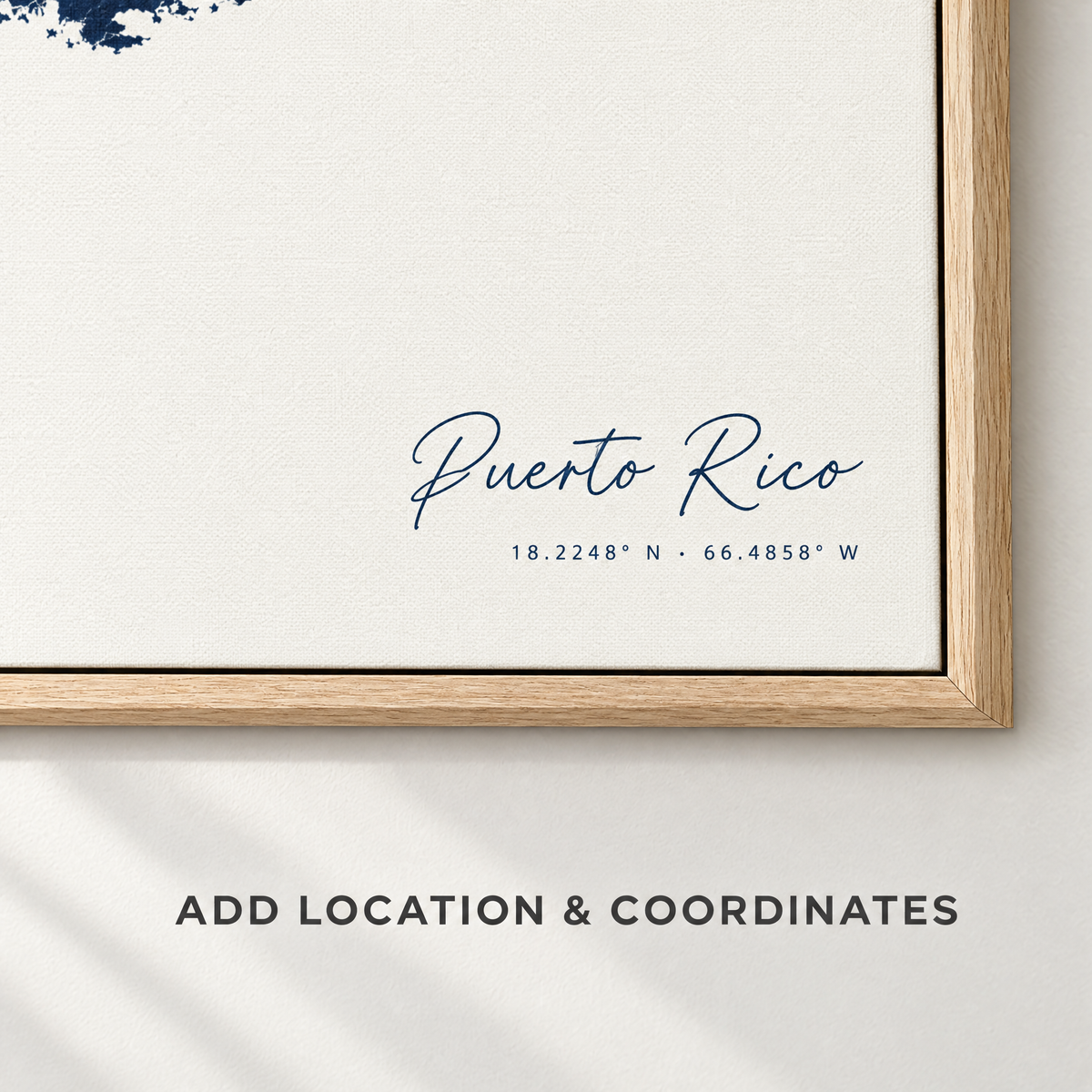 Puerto Rico vertical canvas map in Navy, location and coordinates detail