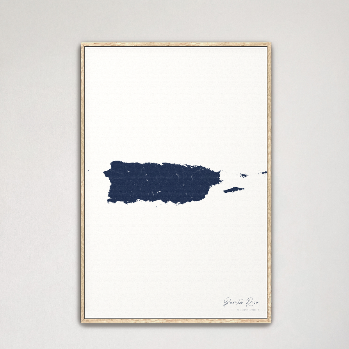 Puerto Rico vertical canvas map, Navy, Natural Oak