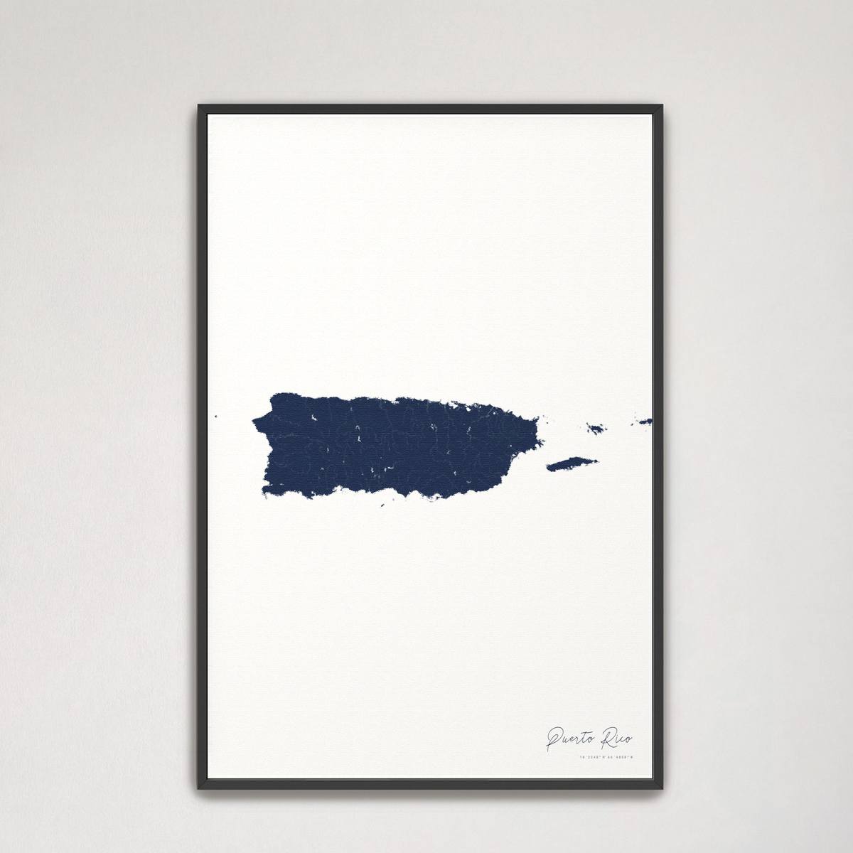 Puerto Rico vertical canvas map, Navy, Black Frame