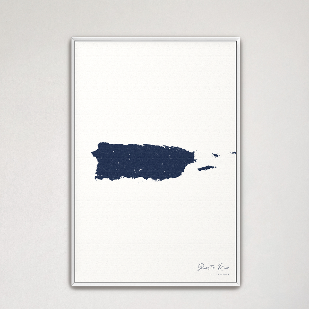 Puerto Rico vertical canvas map, Navy, White Frame