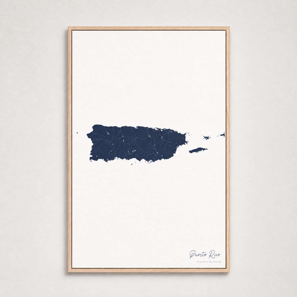 Puerto Rico vertical canvas map, Navy, Light Wood
