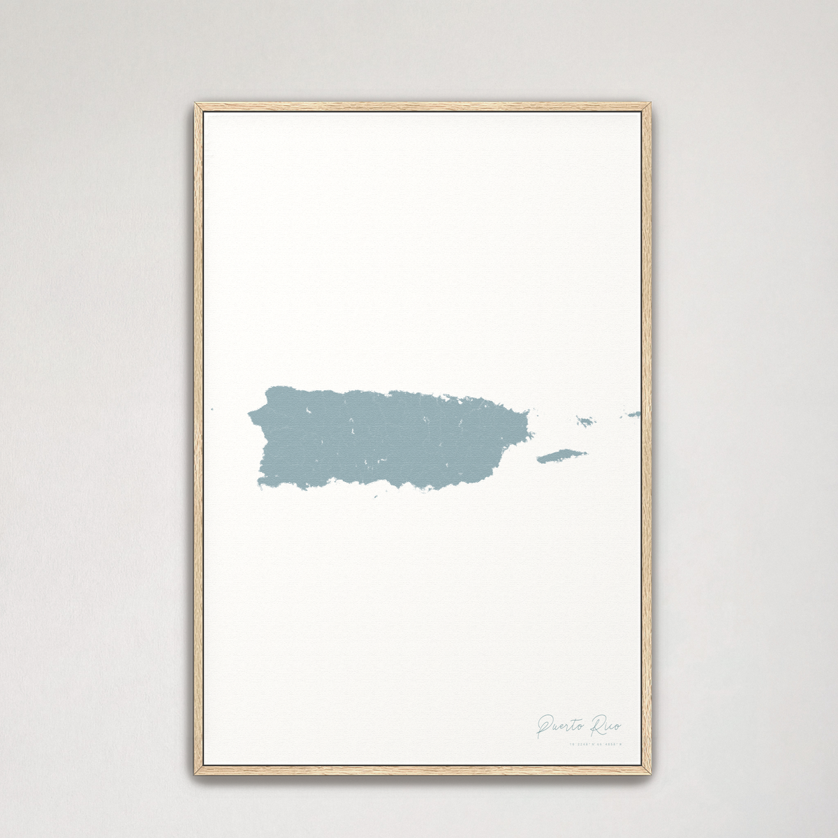 Puerto Rico vertical canvas map, Soft Blue, Natural Oak
