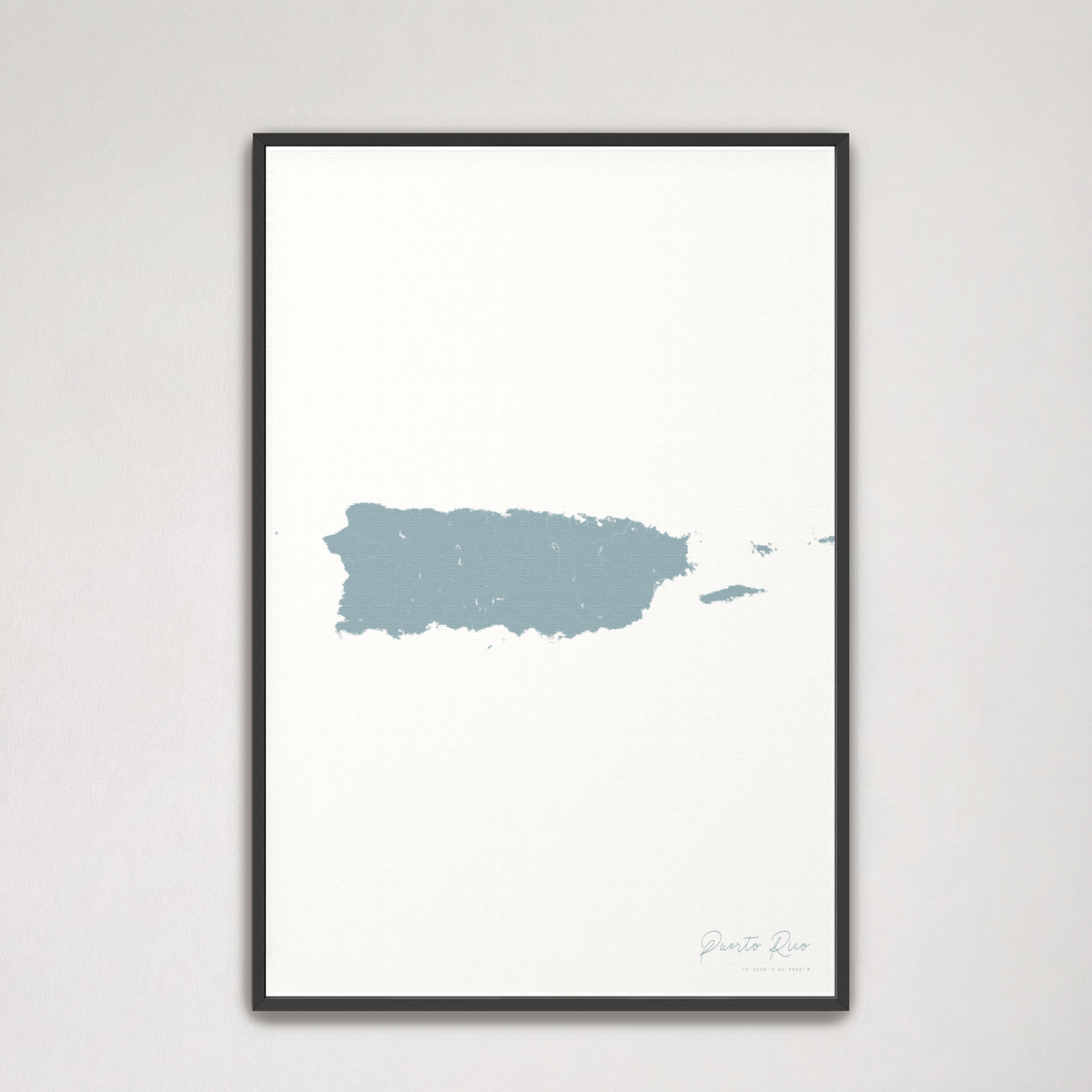 Puerto Rico vertical canvas map, Soft Blue, Black Frame