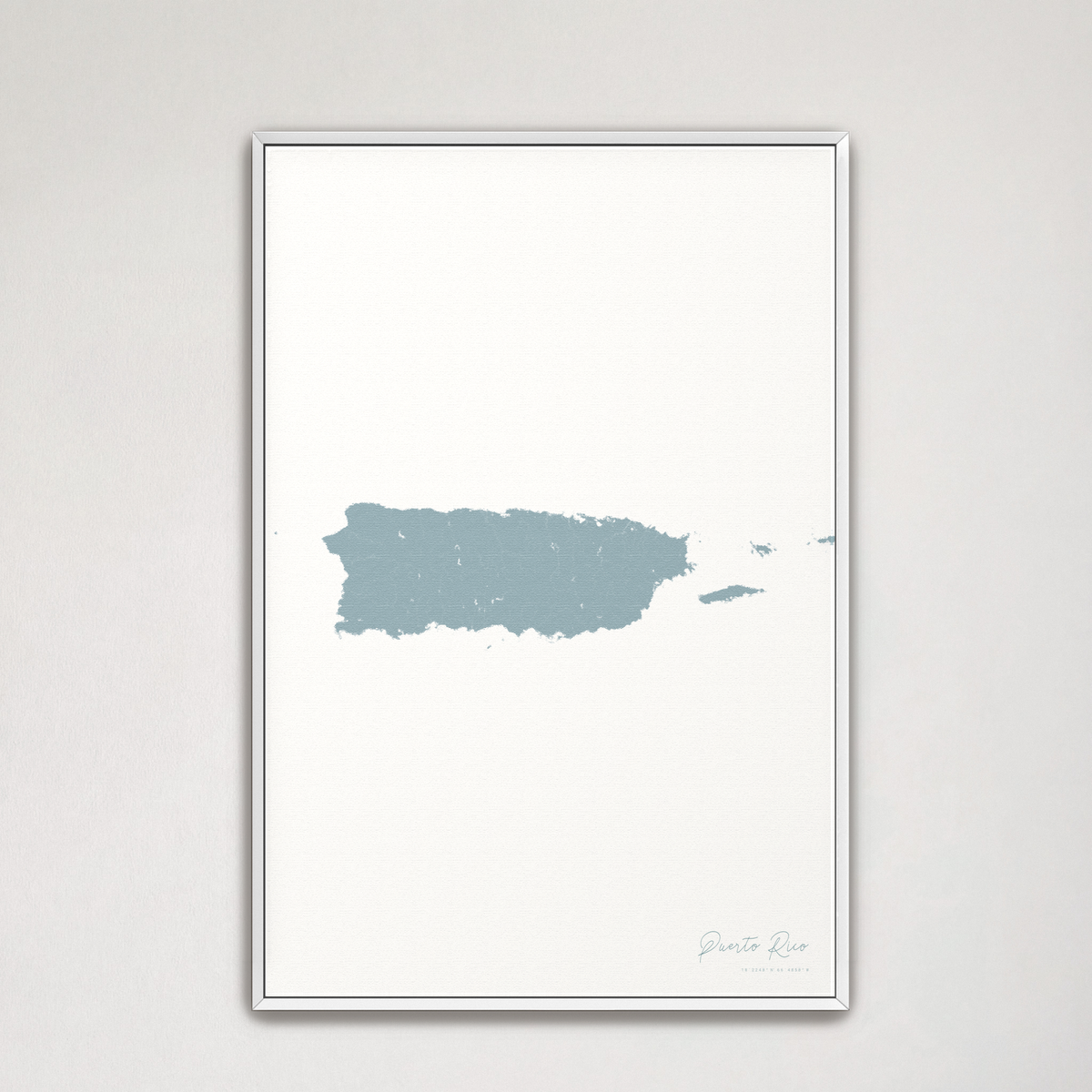 Puerto Rico vertical canvas map, Soft Blue, White Frame