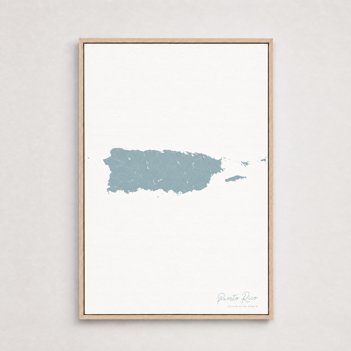Puerto Rico vertical canvas map, Soft Blue, Light Wood