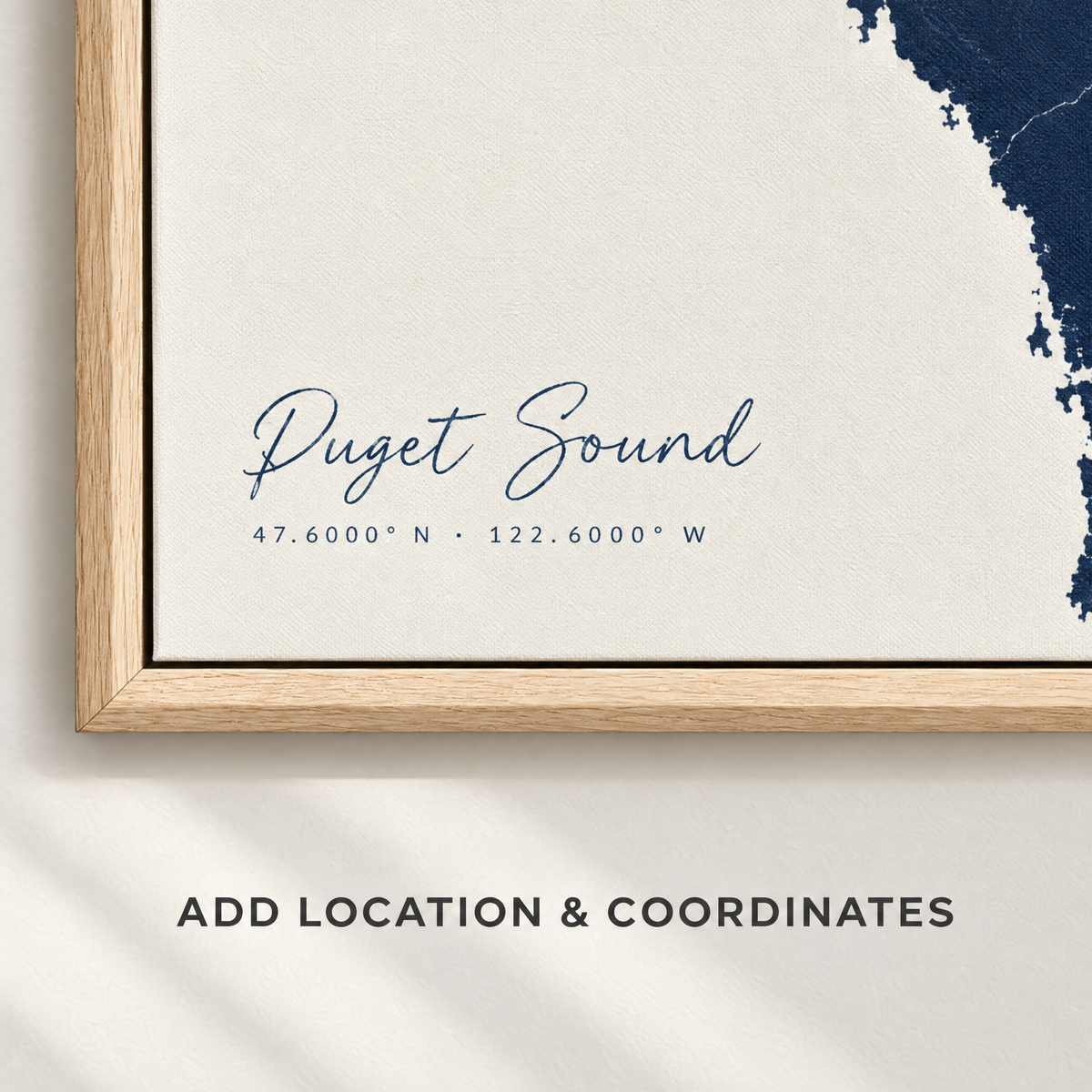 Puget Sound horizontal canvas map in Navy, location and coordinates detail