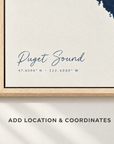 Puget Sound horizontal canvas map in Navy, location and coordinates detail