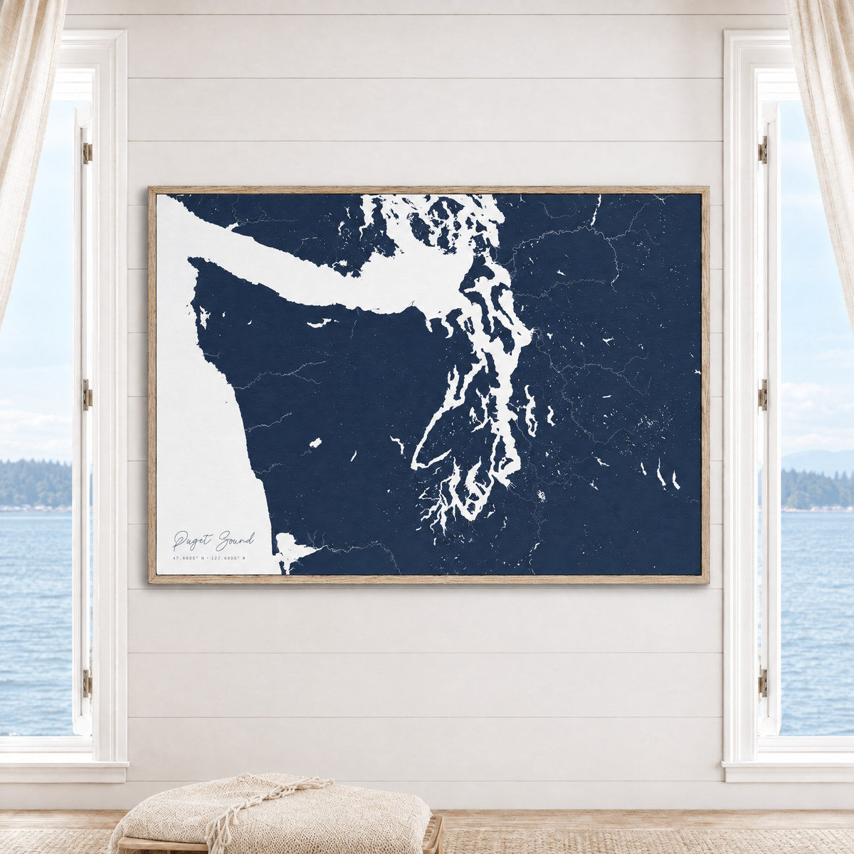Puget Sound horizontal canvas map in Navy, window interior