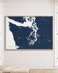 Puget Sound horizontal canvas map in Navy, window interior