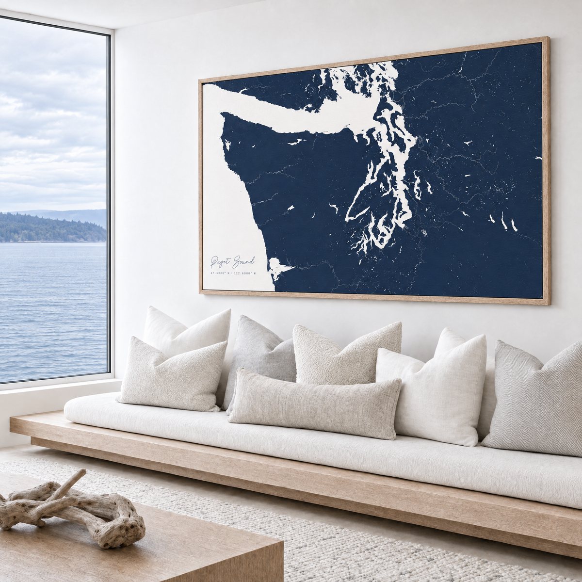 Puget Sound horizontal canvas map in Navy, bench beside a water view