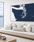 Puget Sound horizontal canvas map in Navy, bench beside a water view