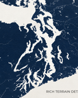 Puget Sound horizontal canvas map in Navy, map detail