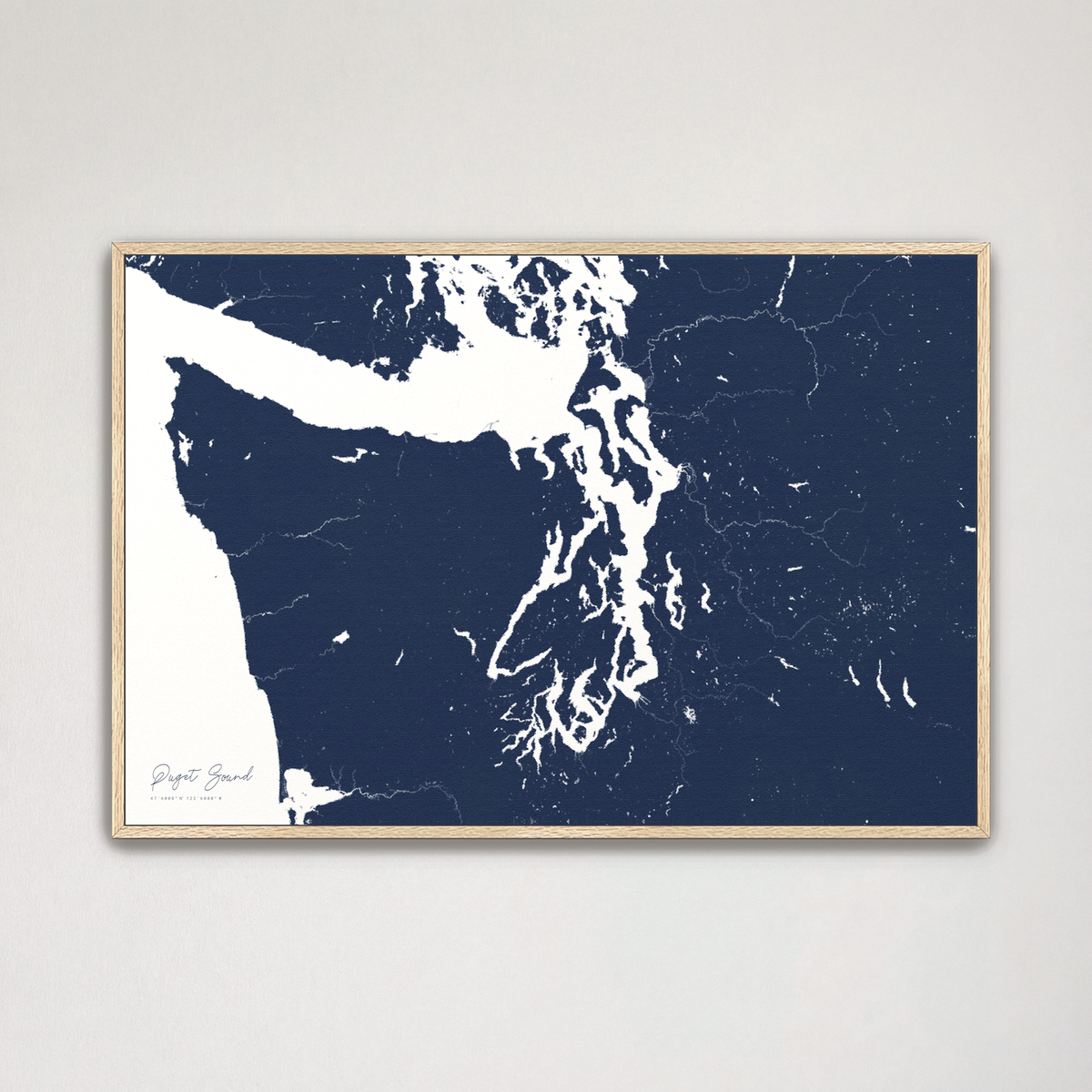 Puget Sound horizontal canvas map, Navy, Natural Oak
